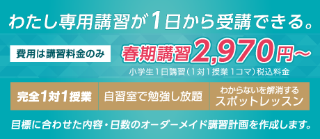 わたし専用講習が１日から受講できる。費用は講習料金のみ。春期講習2,970円～。小学生１日講習（１対１授業１コマ）税込料金。完全１対１授業・自習室で勉強し放題・わからないを解消するスポットレッスン。目標に合わせた内容・日数のオーダーメイド講習計画を作成します。