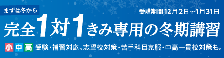 まずは冬から。完全１対１きみ専用の冬期講習。受講期間12月2日～1月31日。小中高受験・補習対応。志望校対策・苦手科目克服・中高一貫校対策も。