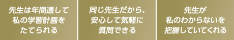 先生は年間通して私の学習計画をたてられる。同じ先生だから安心して気軽に質問できる。先生が私のわからないを把握していてくれる。