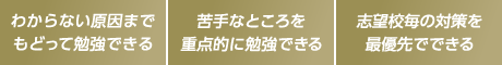 わからない原因までもどって勉強できる。苦手なところを重点的に勉強できる。志望校毎の対策を最優先でできる。