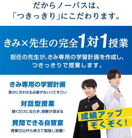 だからノーバスは、「つきっきり」にこだわります。きみ×先生の完全１対１授業。担任の先生が、きみ専用の学習計画を作成し、つきっきりで授業します。きみ専用の学習計画：誰かに合わせる必要がないってすごい。対話型授業：聞くだけにならず、理解が深まる。質問できる自習室：授業日以外も使えて勉強し放題！