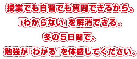 授業でも自習でも質問できるから、「わからない」を解消できる。冬の５日間で、勉強が「わかる」を体感してください。